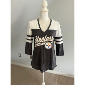 NFL Steelers Football T-Shirt‎ V-Neck 3/4 Sleeve Gray White Womens Size S